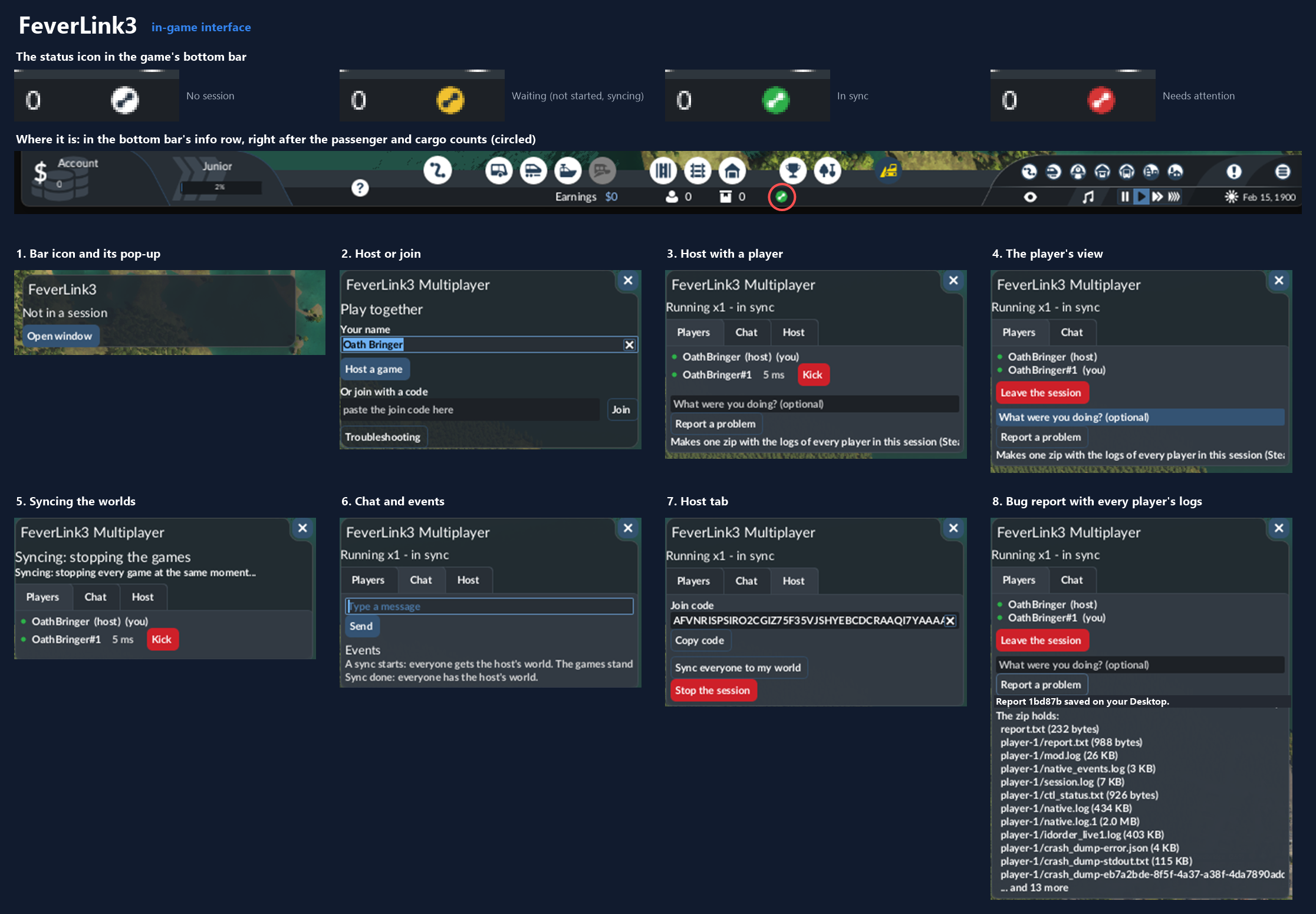 The FeverLink3 window: pop-up, host and join, players, sync, chat, host tools and bug report